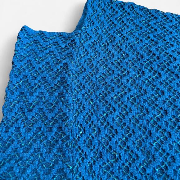 VTG Y2K Teal Blue & Green Threaded Sequin Whimsy Knit Poncho w Tassel Fringe OS - Picture 7 of 8